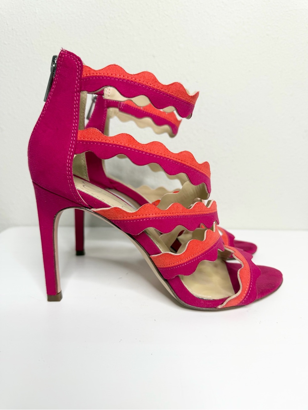 Jessica Simpson Caveena Pink and Coral Wavy Strap High Heel Sandals Size 7